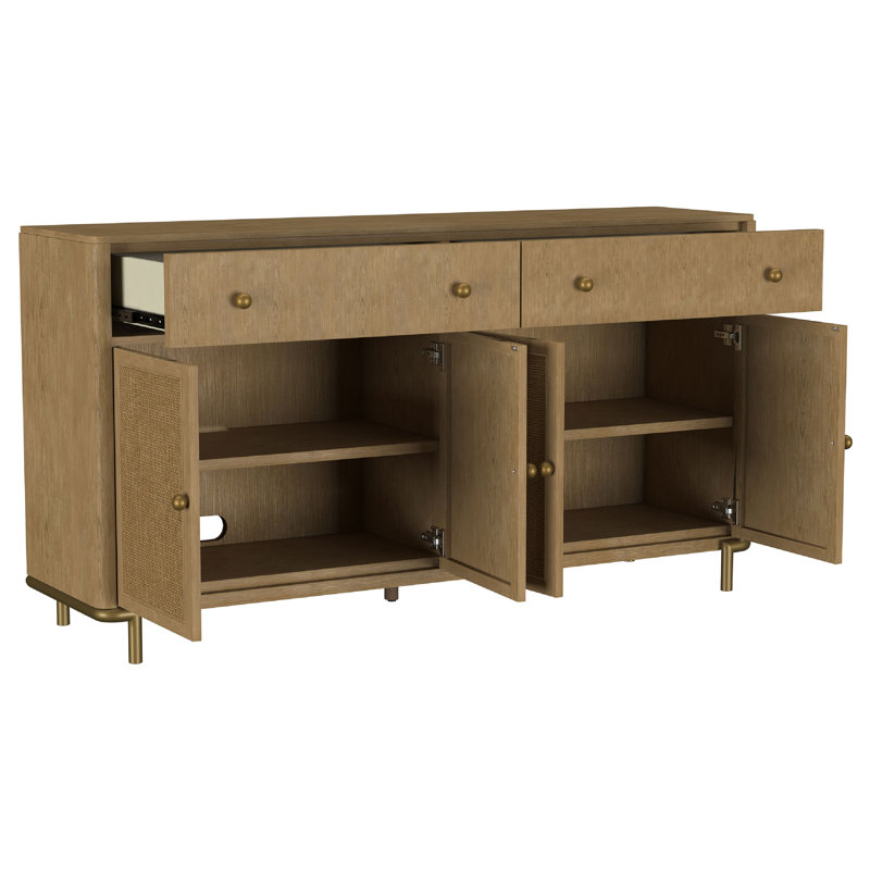 Buffet Fij, 2 tiroirs, 4 portes en rotin tressé, brun 65 po