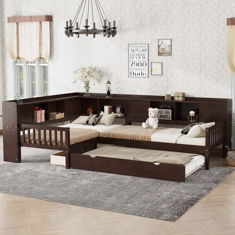 Lit plateforme en L simple avec lit gigogne, lit plateforme en bois massif avec tiroirs et tablettes de rangement, pas de sommier nécessaire, espresso
