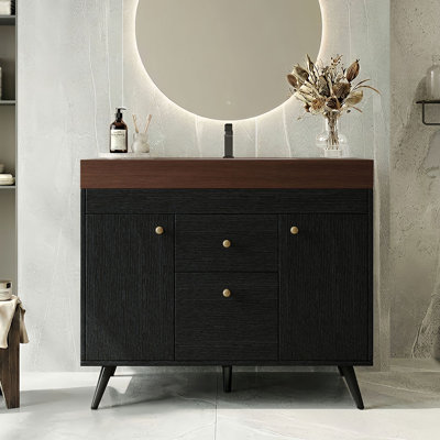36" Modern Freestanding Bathroom Vanity With Sintered Stone Top, Ceramic Sink & Storage In Black Or Walnut
