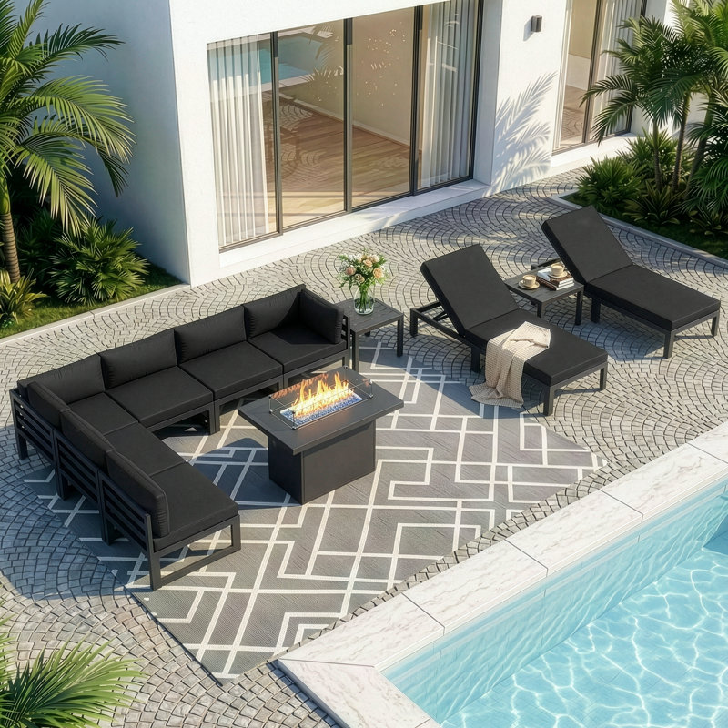 Ensemble modulaire d'extérieur en aluminium pour 8 personnes avec méridienne et coussins Glenita, Noir, noir, noir, noir