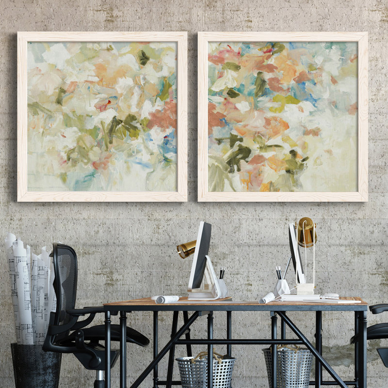 Floral Blush I - ensemble de 2 reproductions d'art sur toiles, Cadre blanc, H 27,5 po x l 55 po x P 1,5 po
