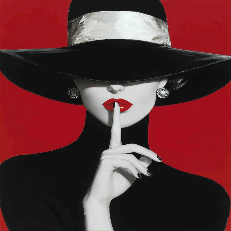 «Silence in Red III - Red Lips and Hat», art sur toile moderne, H 30 po x l 30 po