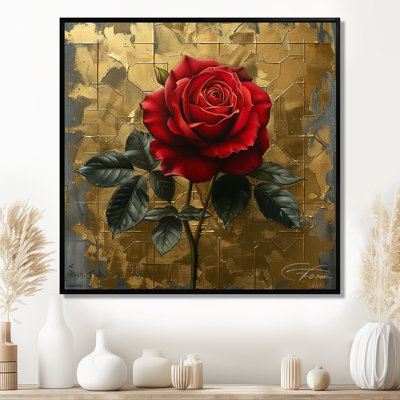 Rose rouge géométrique rétro or I - rose art mural salon