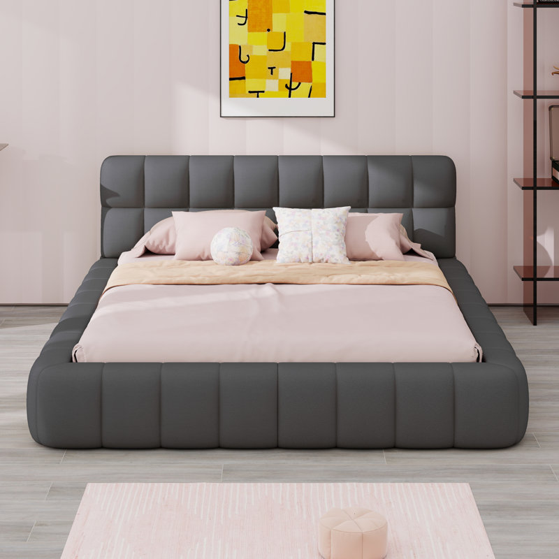 Lit plateforme au sol avec tissu en lin et lattes robustes de soutien, Gris