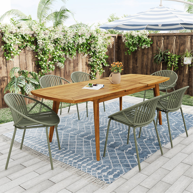 Ensemble de salle à manger d'extérieur moderne 7 pièces avec chaise empilable 7 pièces, Vert / teck