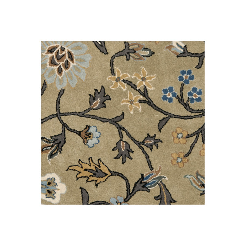 Handmade Round Beige and Blue Wool Floral Rug