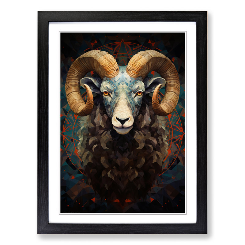 Ram Sheep Geometric No.2 - Single Picture Frame Print on Wood, 34cm H x 25cm W x 2cm D, Black