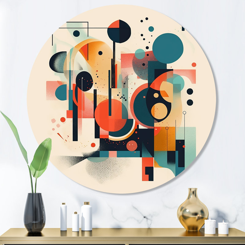 Orange et bleu, espace contemplatif IV - Minimalisme abstrait, art mural rond sur métal, H 36 po x l 36 po x P 1 po