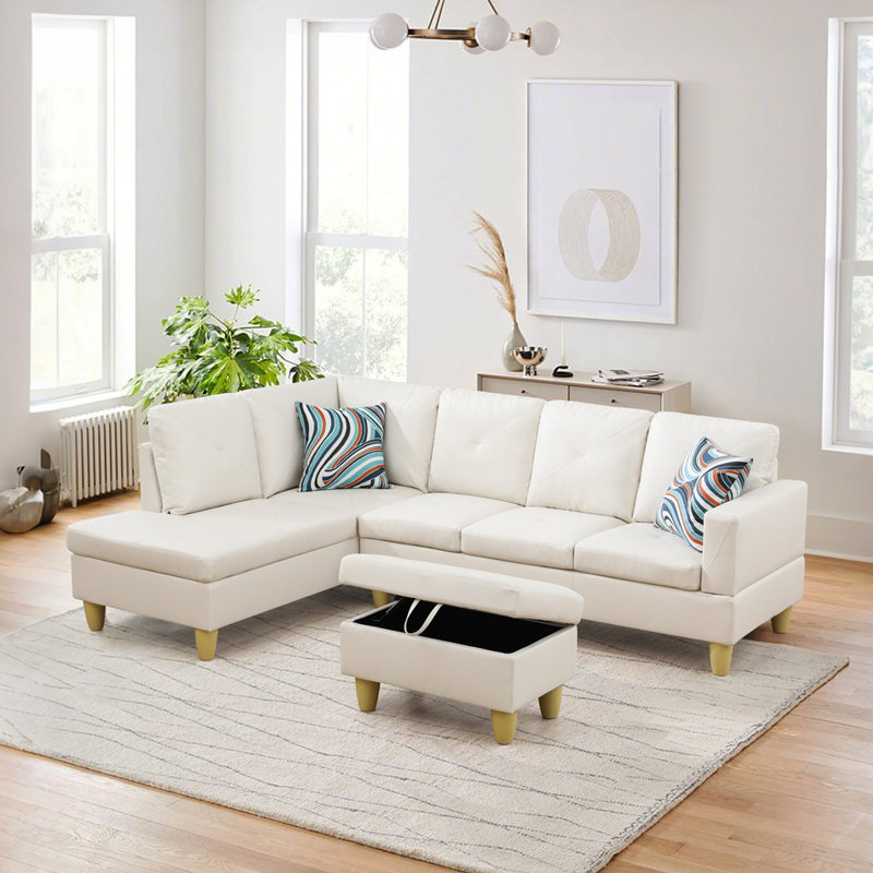 Ronan Faux Leather L-Shaped Sectional Sofa With Chaise And Storage Ottoman, Ivory, Left Hand Facing
