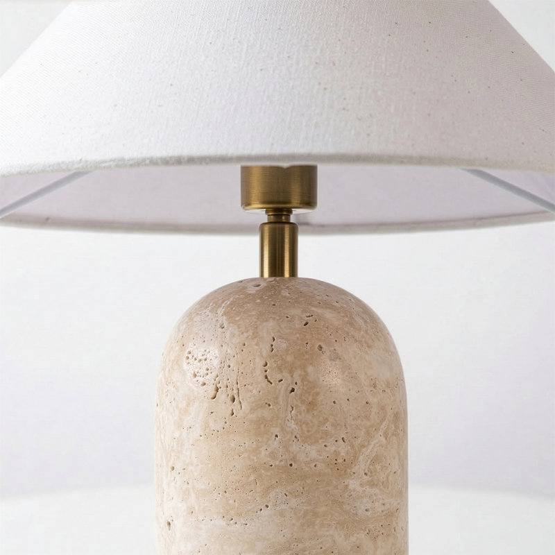 Sansa Lampe de table moderne à DEL avec abat-jour tambour en coton, base en pierre de travertin naturel, Pierre, Crème
