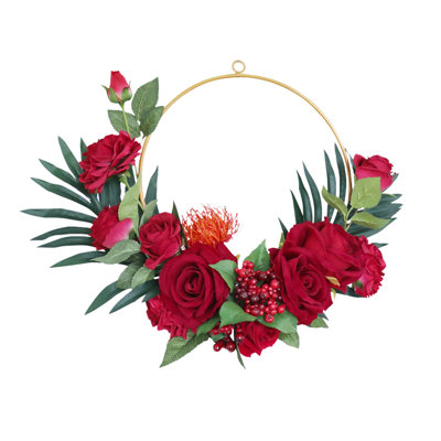 Spring Artificial Rose Wreath, 15.7" Artificial Flowers Wreath with Red Rose Leaves Front Door Wreath Floral Hoop Wreath for Home Front Door Flower Wall Decoration, Spring Summer Decorations, Valentine's Day Anniversary Gifts