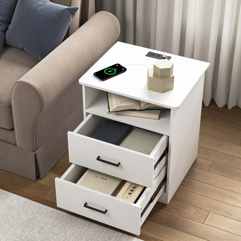 2 Drawers Nightstand With Charging Station, White