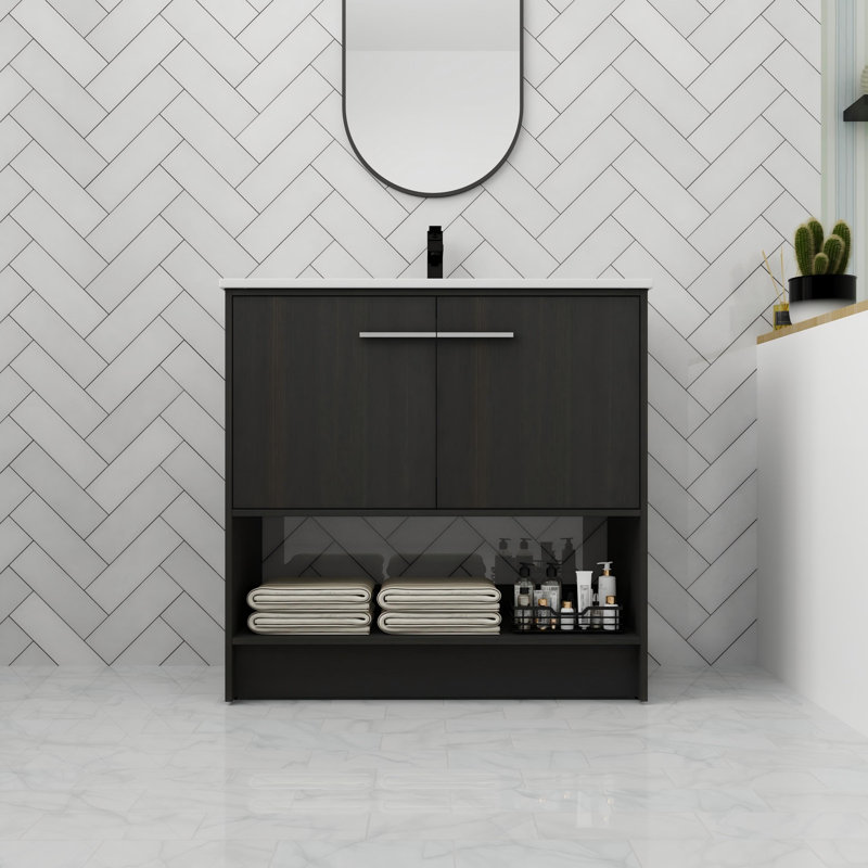 Meuble-lavabo autoportant de 36 po avec 2 portes à fermeture en douceur et espace ouvert, Noir, 36