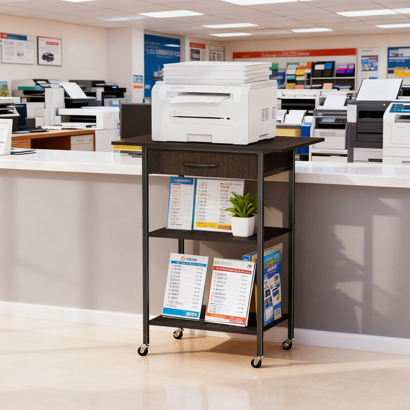 3-Tier Rolling Printer Stand With Fabric Drawer, Industrial Storage Cart With Locking Wheels For Printer, Scanner, Fax Machine And Office Equipment