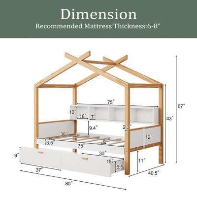 White Twin Size Wooden House Bed Original Wood Colored Frame With Two Drawers And Bookshelf Storage Space For Children Or Guest Room -  Harper Orchard, 8DE93E42F4DA41BEBCAECABAAB92443F