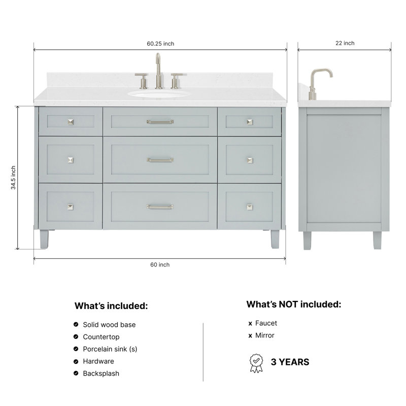 ARIEL Monroe 54 Single Sink Bathroom Vanity with Carrara Quartz Top, Gray, 60" - 61", Carrara White Quartz