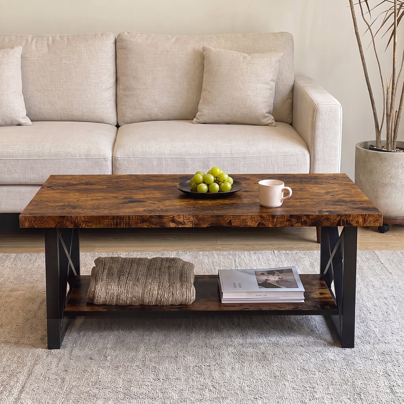 120cm 2-Tier Industrial Coffee Table - Irregular Wood Top, 4cm Thick & Black Steel Frame