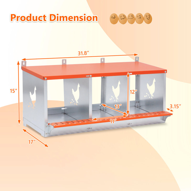 Boîte de nidification murale en métal à 3 baies en acier galvanisé ventilé, trois compartiments spacieux pour améliorer la production d'œufs, collection facile à assembler, nichoir en fibre de coco naturelle