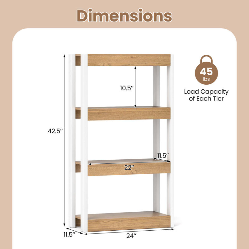 2 Pcs 4 Tier Bookshelf Wooden Bookcase With Dual Anti-tipping Kits Open Shelving Unit Natural, White/Natural