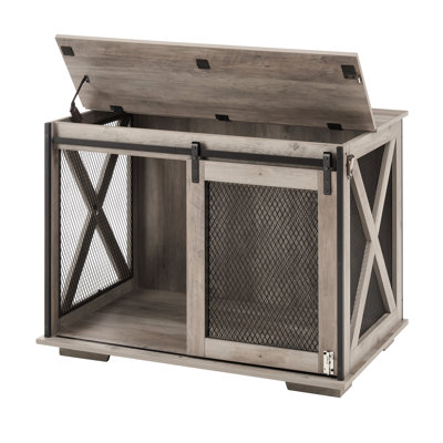 Functional Dog House With Metal Enclosure Bars And Flip-Top Plate, Gray Cage Side Compartment Detachable Partition For Small Dogs