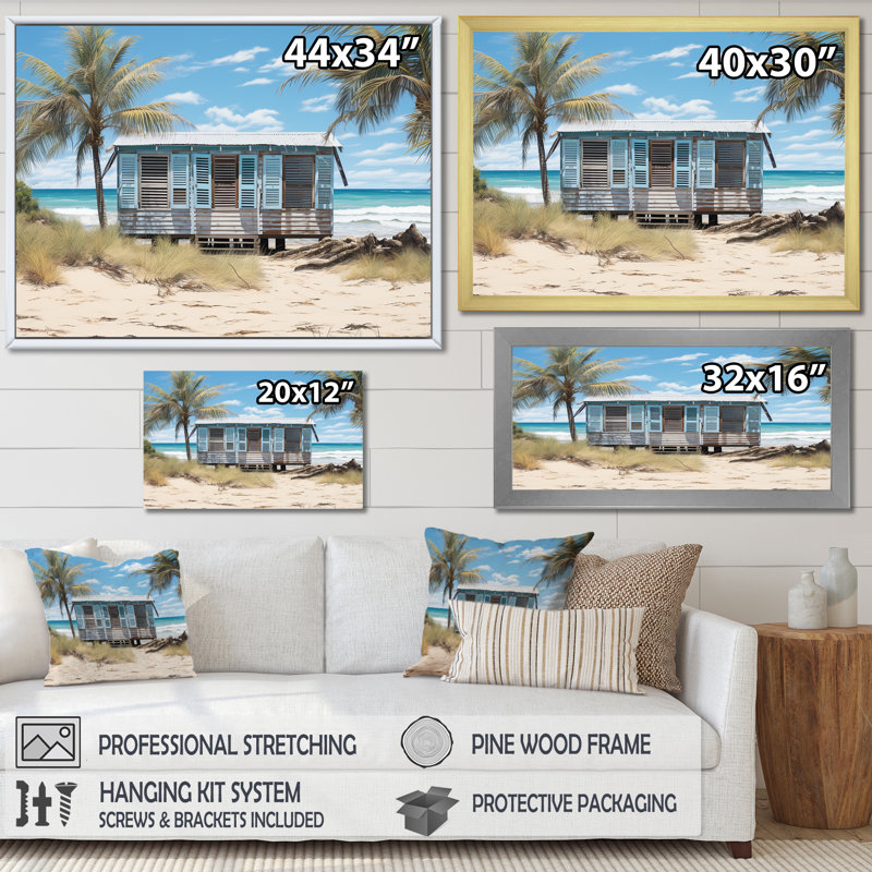 «Beachside Cottage Charm II - Coastal Windows», art mural, H 16 po x l 32 po x P 1 po, Cadre de coin blanc fermé