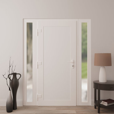 Front Exterior Prehung uPVC Metal-Plastic Door Frosted Glass Manux 8111 White Silk 2 Side Sidelite Transoms Office Commercial and Residential Doors Entrance Patio Garage 60 x 80 (W12+36+12 x H80) Right hand Inswing