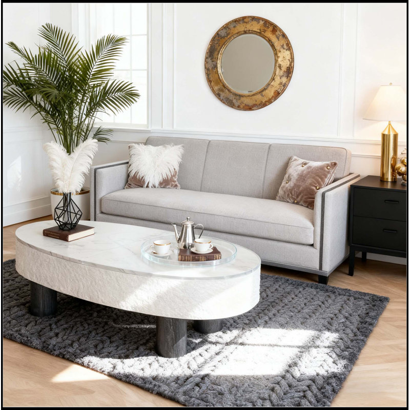Table basse ovale avec plateau en faux marbre, design moderne Mid-Century avec tiroir caché et rangement