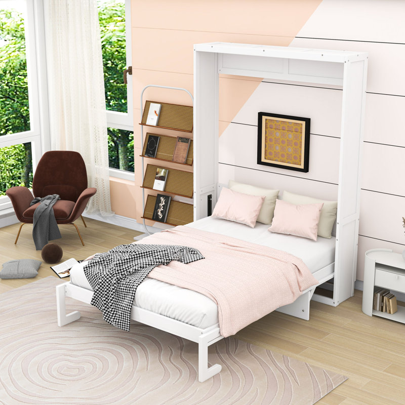 Lit escamotable en bois avec bureau, système à deux pistons, Double