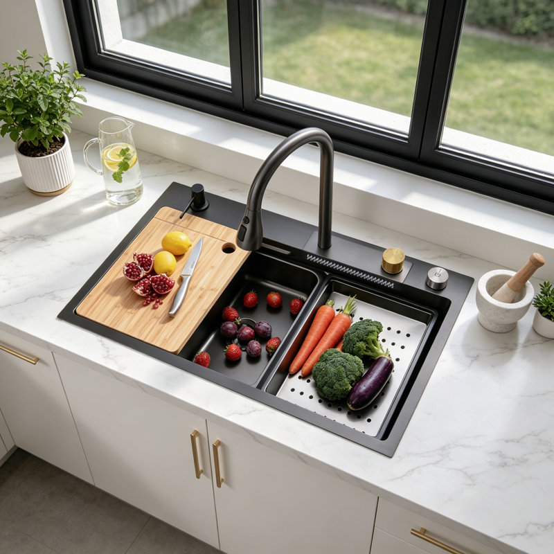 Évier de cuisine encastré / encastré en acier inoxydable avec robinet cascade et accessoires, 30*22