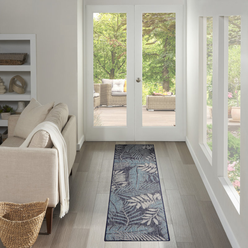 Rectangle Alduina Floral Polypropylene Indoor/Outdoor Area Rug in Blue/White, Runner 2' x 8'