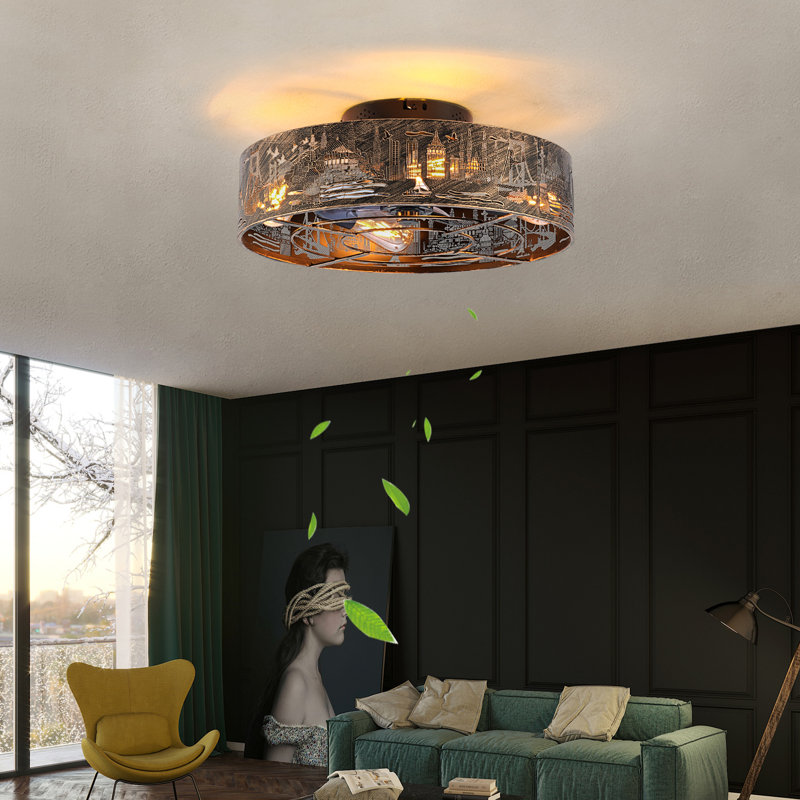 20-Inch Caged Ceiling Fan With Light, Low Profile Flush Mount Farmhouse Enclosed Fandelier, 7-Speed Reversible DC Motor, Remote Control, E26 Bulb Base (Bulbs NOT Included), For Bedroom Living Room