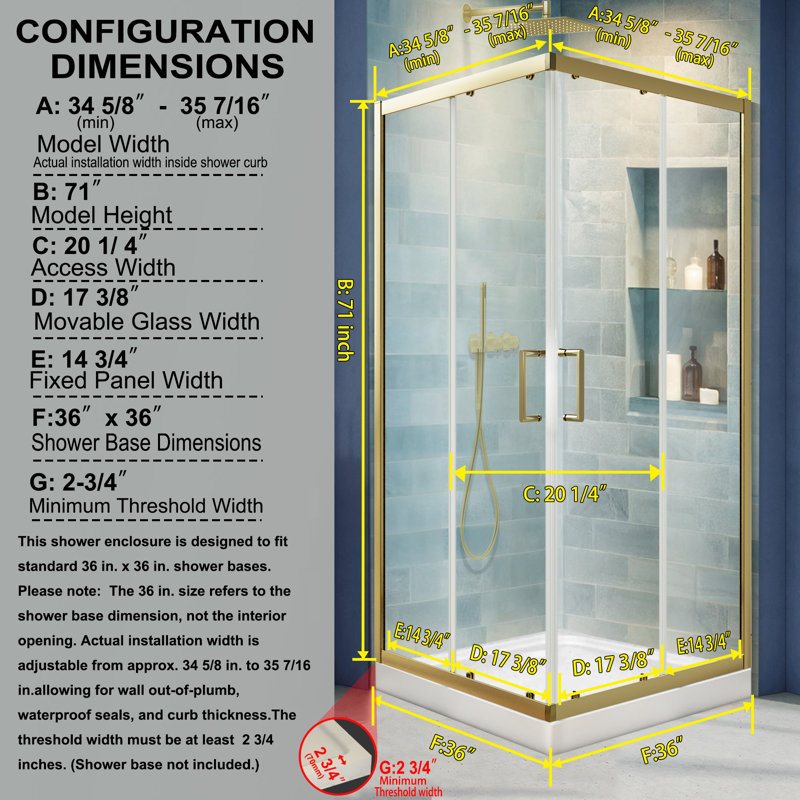 36" W X 36" D X 71" H Framed Square Shower Enclosure With 1/4"Clear Tempered Glass, Brushed Gold, Modern