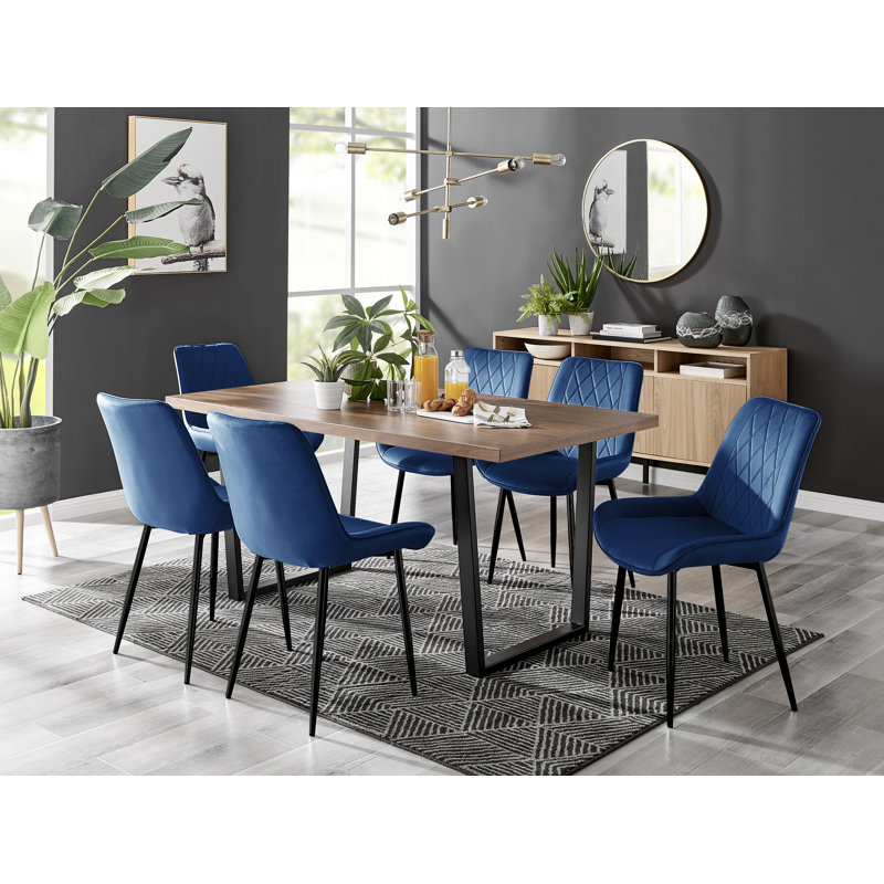 Kylooe Modern Sleigh Style Dining Table Set With 6 Luxury Quilted Velvet Dining Chairs, Brown, Navy/Black