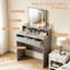 Modern Grey Vanity Desk with LED Lighted Mirror, Adjustable Brightness Makeup Dressing Table with Drawers & Open Storage, Bedroom Cosmetic Station