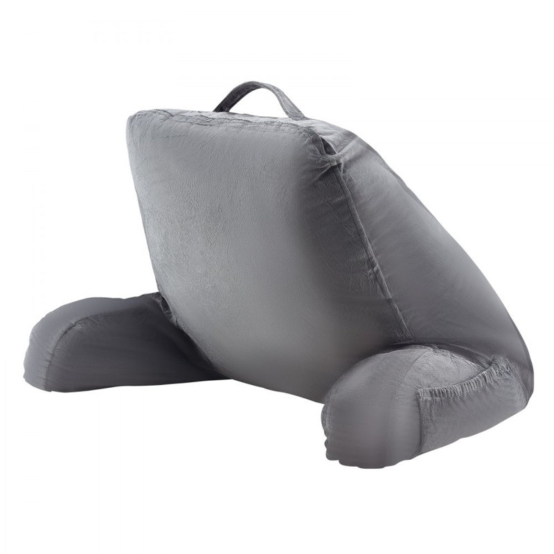 Reading Pillow, Standard Size Bed Pillow with Shredded Memory Foam, Back Pillow with 3 Pockets and Washable Short Velvet Cloth, Top with Handle, for Watching TV, Reading, Gaming, Resting, Grey