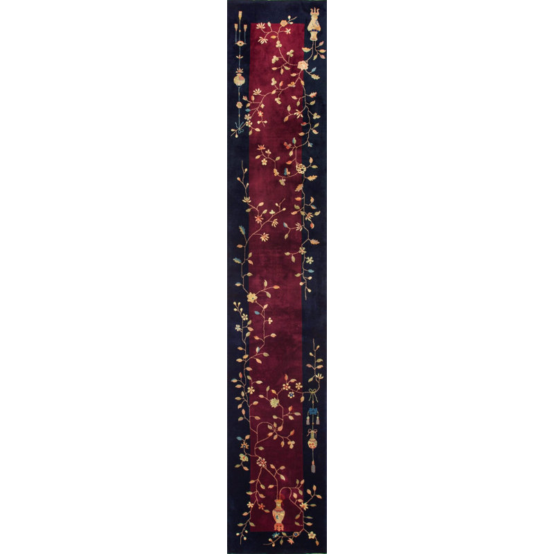 Wool Pile Antique Deep Red Color Chinese Art Deco Hallway Runner Rug