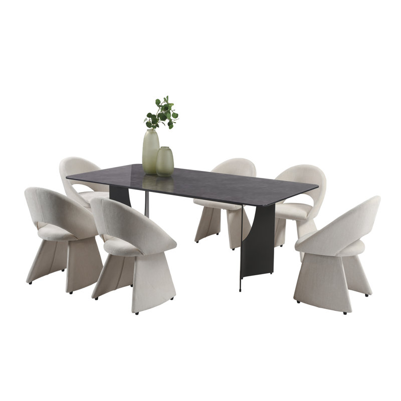 Ensemble de salle à manger moderne 7 pièces avec plateau en verre trempé et chaises rembourrées Arechiga, Beige, Gris