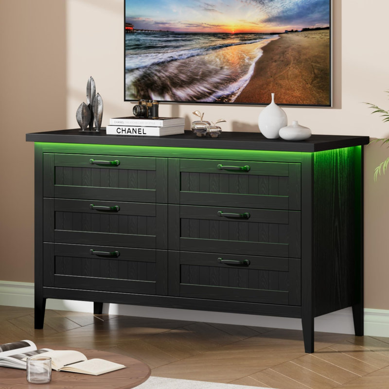 Farmhouse Drawer Dresser with Charging Station & LED Lights, Slim Wooden Bedroom Dresser, Black/6 draws