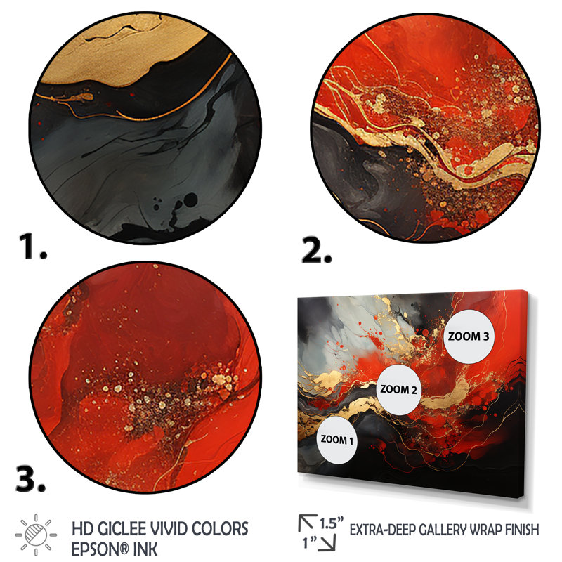 Rouge et feu de marbre doré I - art abstrait sur toile, Cadre d'angle fermé doré, H 34 po x l 44 po x P 1,5 po