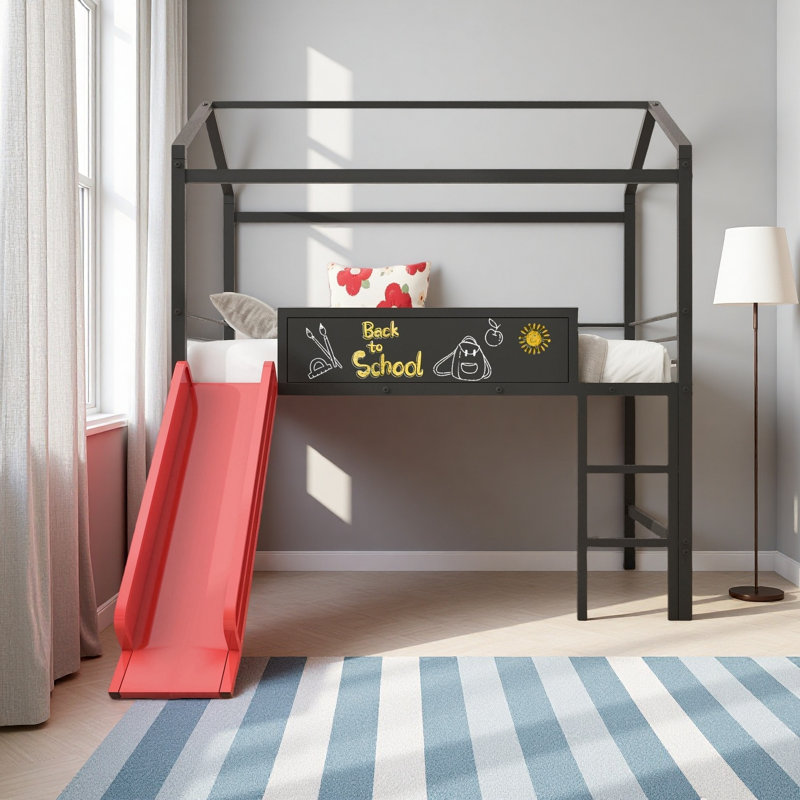 Metal House Bed With Slide, Twin Size Metal Loft Bed With Two-Sided Writable Wooden Board, Red/Black