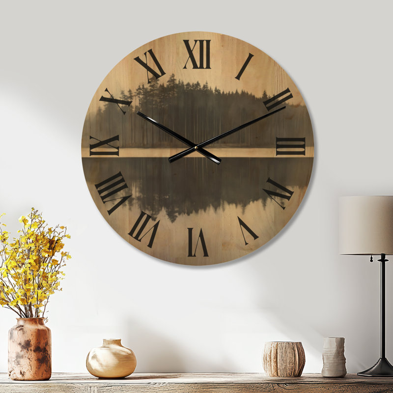 Silent Forest Reflection - Black Rustic Solid Wood Wall Clock, Medium
