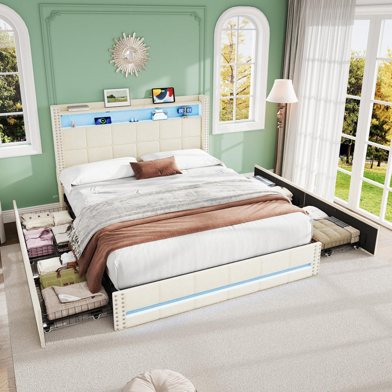 Upholstered Linen Drawers Bed Frame, Beige