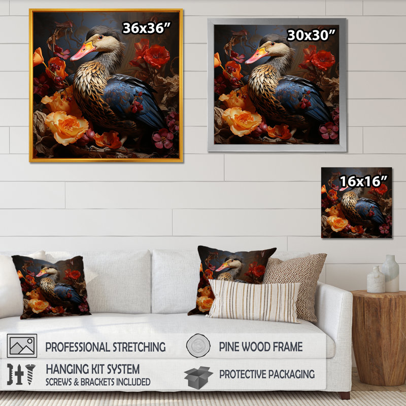«Duckke Drake Duck At The Pond IV» - art mural animal canard, Cadre simple noir, H 30 po x l 30 po x P 1,5 po