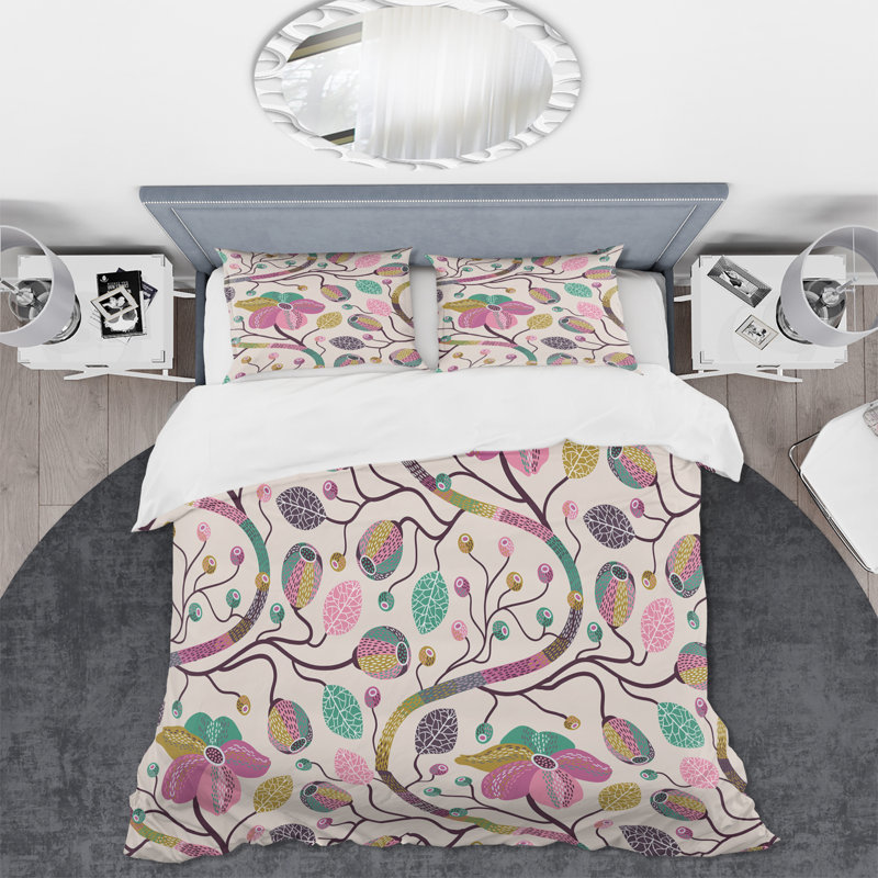 Fleurs et branches roses - Ensemble de housse de couette traditionnel - Microfibre de polyester