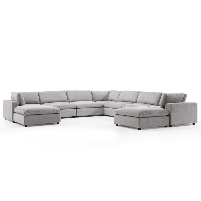 Nuccio 9-Piece Minimalist Modern Soft-Upholstered Sectional With Ottoman, Light Gray Chenille