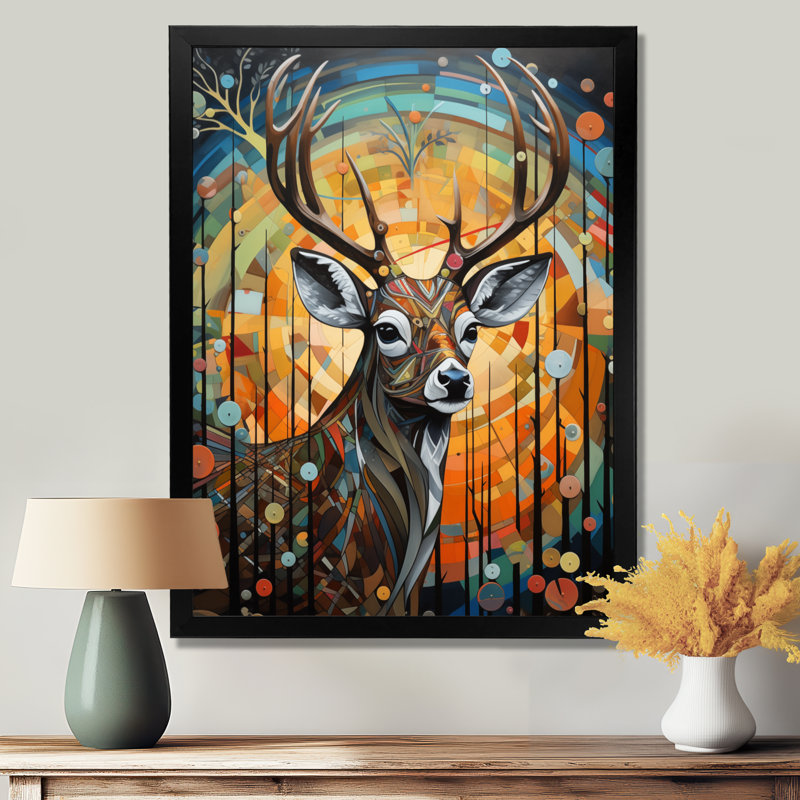 Deer In Colorful Landscape Composition - Deer Animal Wall Art, Toile encadrée noire simple, H 32 po x l 16 po x P 1 po