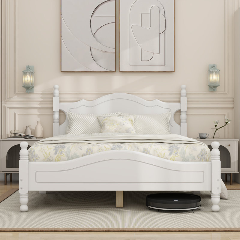 Wood Platform Bed Frame,Retro Style Platform Bed with Wooden Slat Support, Full, White