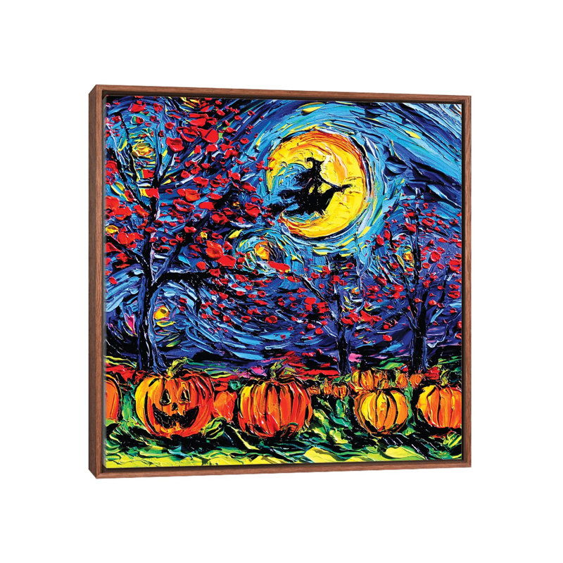 Reproduction d’art, "Starry Halloween" par aja Trèves, H 18 po x l 18 po x 1,5 po, Toile avec cadre en bois brun classique