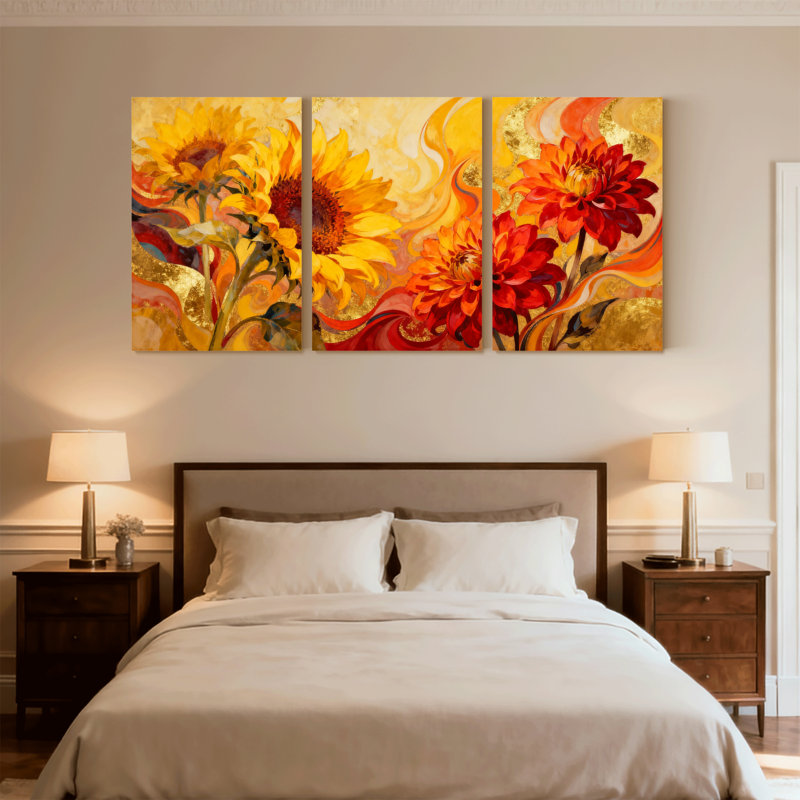 Plantes et fleurs, tournesol et dahlia, ensemble de 3 impressions sur toile, H 18 po x l 36 po