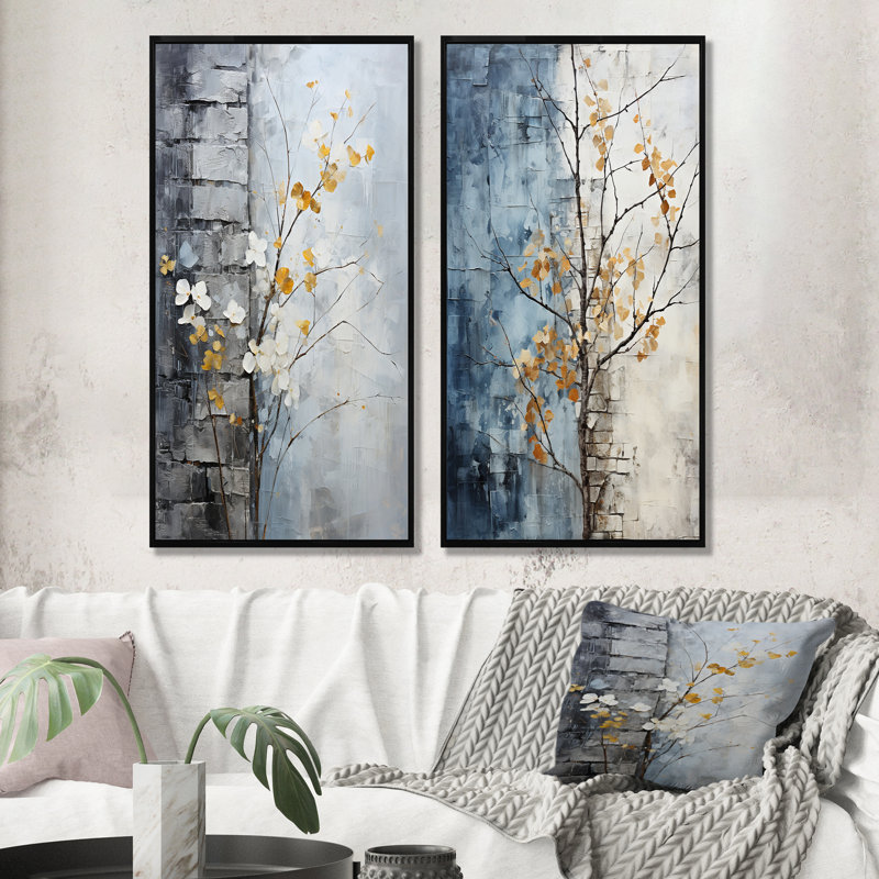 Minimaliste granit feuilles de raisin - ensemble de 2 impressions murales de plantes, Cadre noir, H 32 po x l 33 po